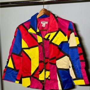 EUC Mishca Vintage Retro 80's 90's Colorblock Zip Front Jacket Ruched Sleeves